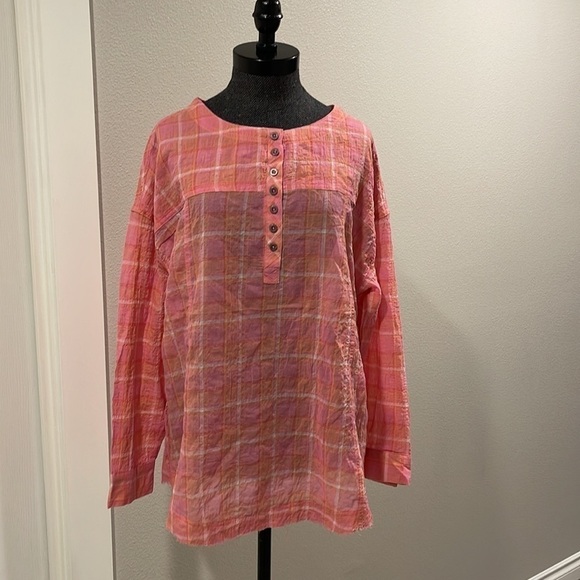 BEACH LUNCH LOUNGE Mia Pucker Plaid Top Pink Size Large - Picture 1 of 10